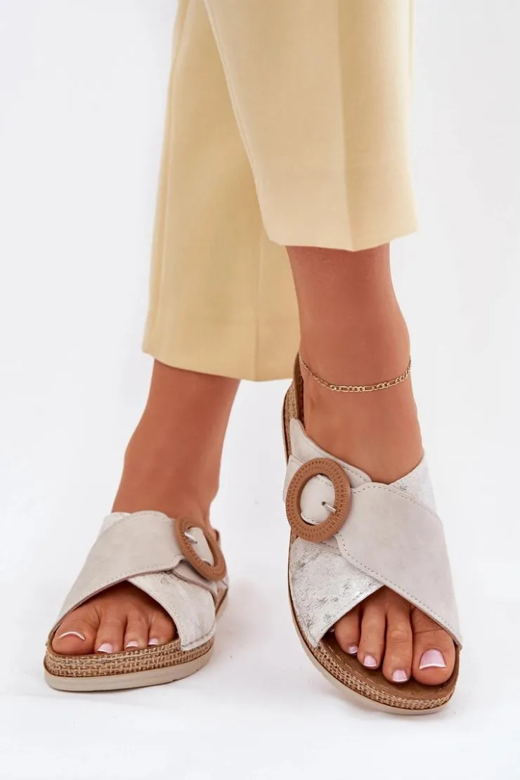 INBLU Klapki Na Koturnie|Klapki Na Obcasie*Klapki Damskie Na Koturnie Z Ozdobną Klamrą RV000012 Jasnobeżowe Beżowy