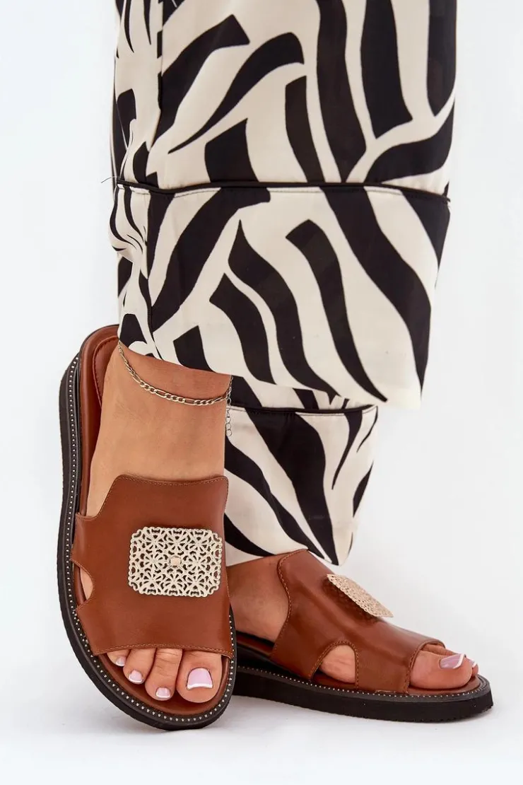 Outlet Boto Klapki Damskie Na Koturnie Eko Skórzane Z Ozdobą Brązowe Sarela Brązowy