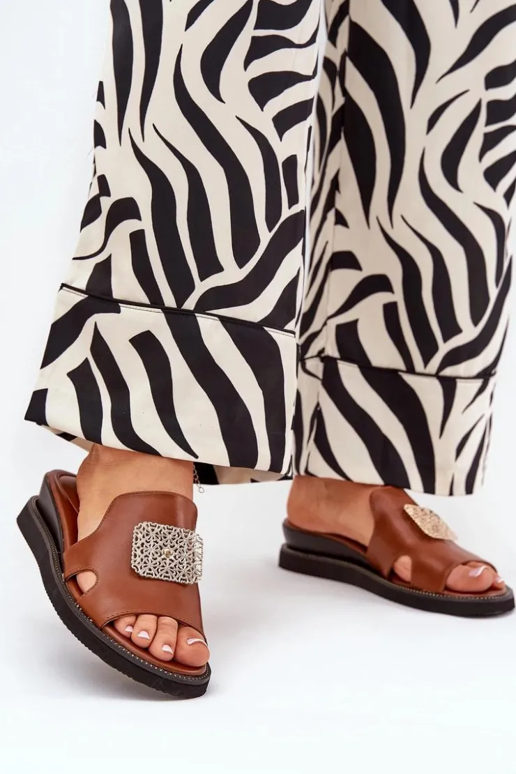 Outlet Boto Klapki Damskie Na Koturnie Eko Skórzane Z Ozdobą Brązowe Sarela Brązowy