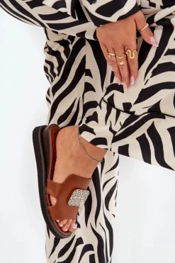 Outlet Boto Klapki Damskie Na Koturnie Eko Skórzane Z Ozdobą Brązowe Sarela Brązowy