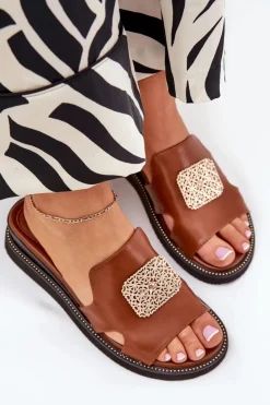 Outlet Boto Klapki Damskie Na Koturnie Eko Skórzane Z Ozdobą Brązowe Sarela Brązowy