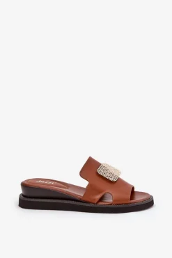 Outlet Boto Klapki Damskie Na Koturnie Eko Skórzane Z Ozdobą Brązowe Sarela Brązowy