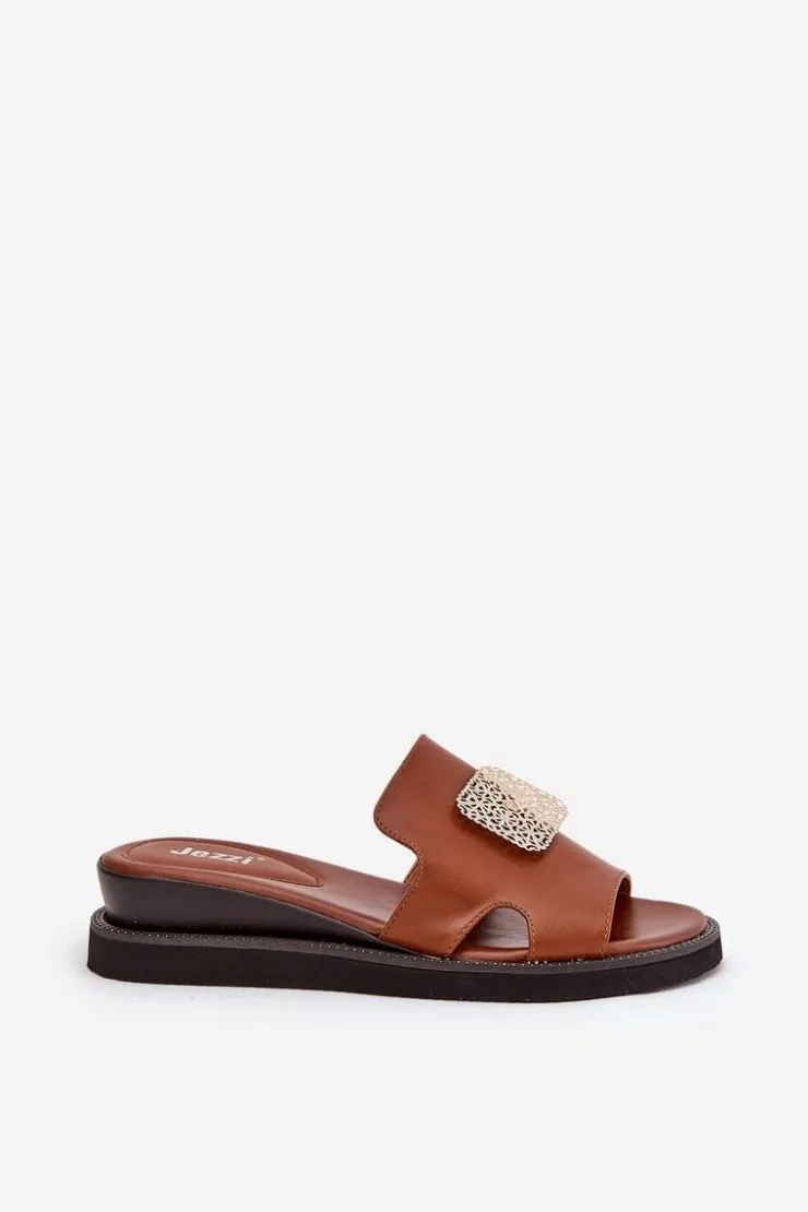 Outlet Boto Klapki Damskie Na Koturnie Eko Skórzane Z Ozdobą Brązowe Sarela Brązowy