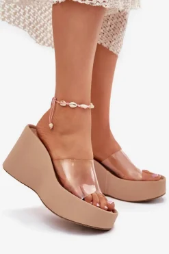 Damskie Boto Klapki Damskie Na Koturnie Z Transparentnym Paskiem Beżowe Zolretia