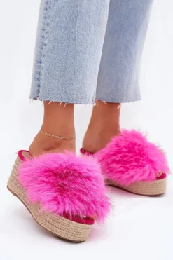 Damskie Boto Klapki Damskie Na Koturnie Z Futerkiem I Plecionką Fuksja Virela