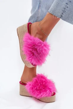 Damskie Boto Klapki Damskie Na Koturnie Z Futerkiem I Plecionką Fuksja Virela