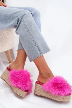 Damskie Boto Klapki Damskie Na Koturnie Z Futerkiem I Plecionką Fuksja Virela