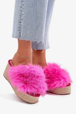 Damskie Boto Klapki Damskie Na Koturnie Z Futerkiem I Plecionką Fuksja Virela