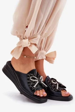 Damskie Boto Klapki Damskie Na Koturnie Z Kokardą Czarne Moonzella