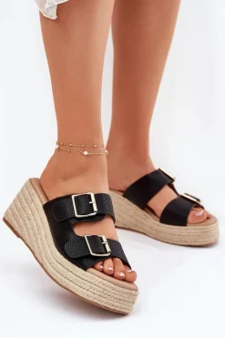 Damskie Boto Klapki Damskie Na Koturnie Z Plecionką I Klamrami Czarne Pasinea