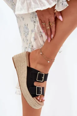 Damskie Boto Klapki Damskie Na Koturnie Z Plecionką I Klamrami Czarne Pasinea