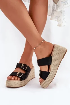 Damskie Boto Klapki Damskie Na Koturnie Z Plecionką I Klamrami Czarne Pasinea