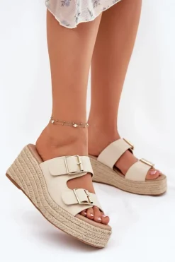 Damskie Boto Klapki Damskie Na Koturnie Z Plecionką I Klamrami Beżowe Pasinea