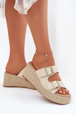 Damskie Boto Klapki Damskie Na Koturnie Z Plecionką I Klamrami Beżowe Pasinea