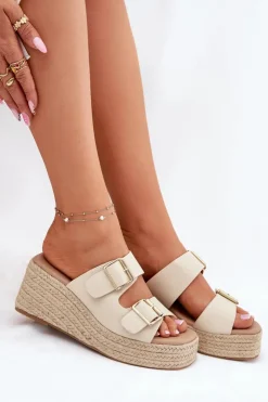 Damskie Boto Klapki Damskie Na Koturnie Z Plecionką I Klamrami Beżowe Pasinea