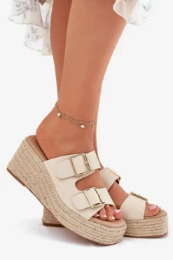 Damskie Boto Klapki Damskie Na Koturnie Z Plecionką I Klamrami Beżowe Pasinea