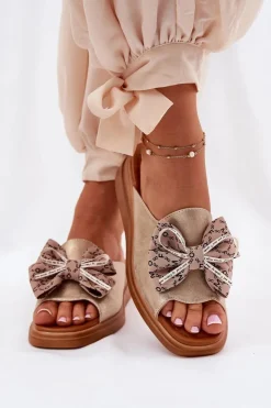 Boto Klapki Na Koturnie|Klapki Na Platformie*Klapki Damskie Na Koturnie Z Kokardą Złote Moonzella Złoty