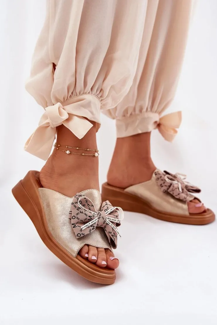 Boto Klapki Na Koturnie|Klapki Na Platformie*Klapki Damskie Na Koturnie Z Kokardą Złote Moonzella Złoty