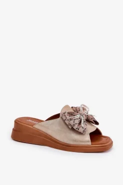 Boto Klapki Na Koturnie|Klapki Na Platformie*Klapki Damskie Na Koturnie Z Kokardą Złote Moonzella Złoty