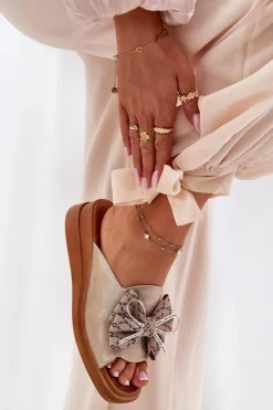 Boto Klapki Na Koturnie|Klapki Na Platformie*Klapki Damskie Na Koturnie Z Kokardą Złote Moonzella Złoty