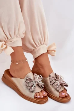 Boto Klapki Na Koturnie|Klapki Na Platformie*Klapki Damskie Na Koturnie Z Kokardą Złote Moonzella Złoty