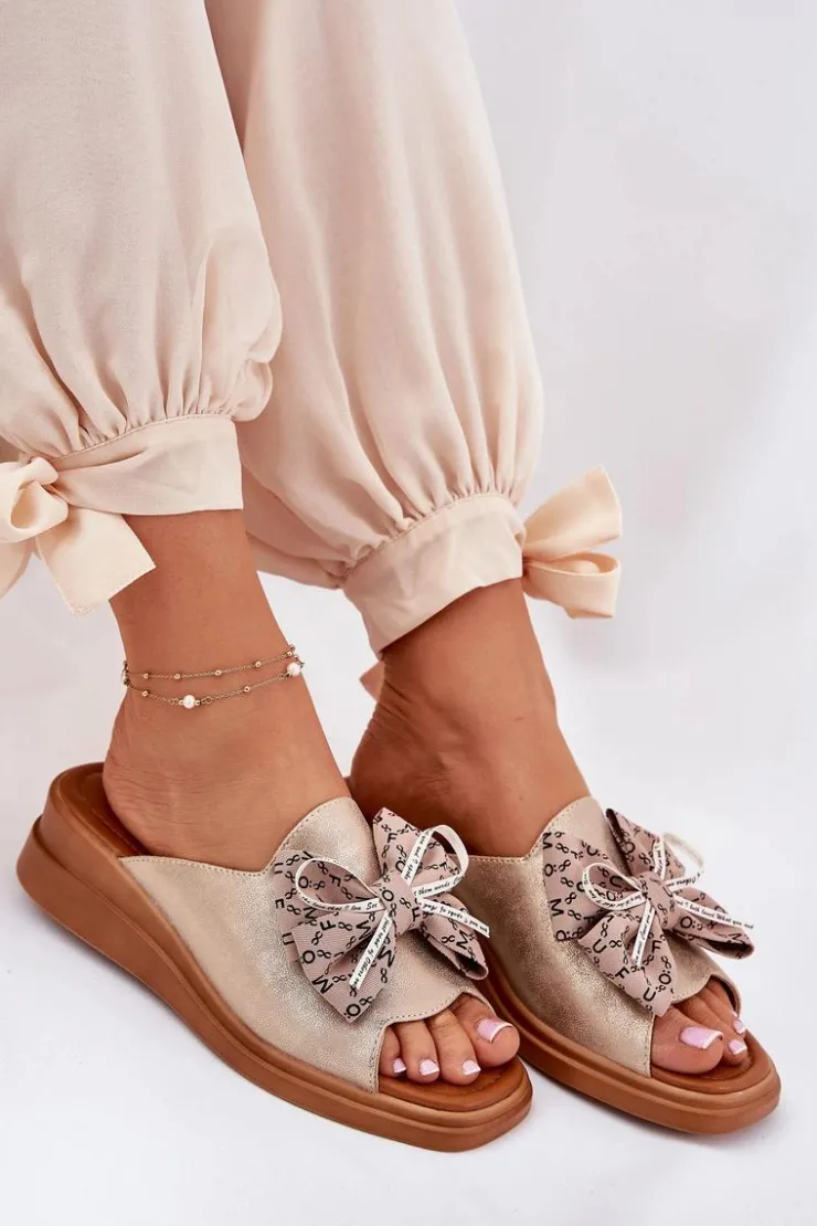 Boto Klapki Na Koturnie|Klapki Na Platformie*Klapki Damskie Na Koturnie Z Kokardą Złote Moonzella Złoty