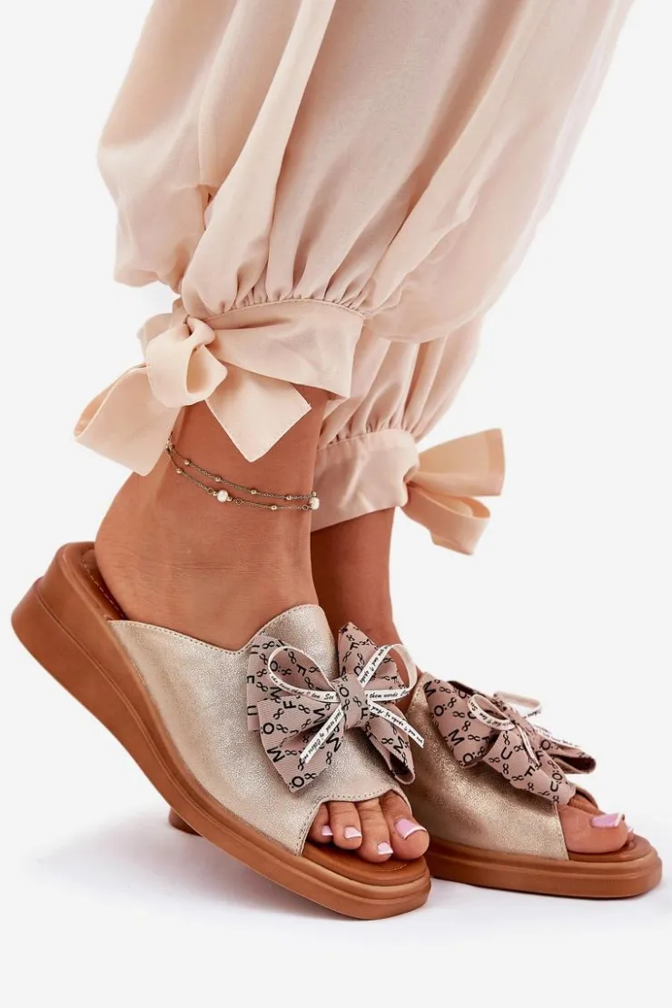 Boto Klapki Na Koturnie|Klapki Na Platformie*Klapki Damskie Na Koturnie Z Kokardą Złote Moonzella Złoty