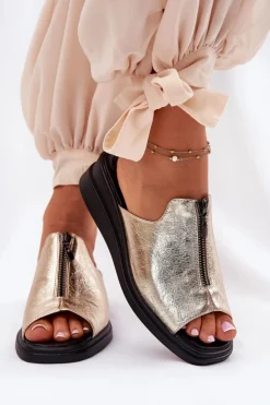 Hot Boto Klapki Damskie Na Koturnie Z Zamkiem Złote Irriva Złoty