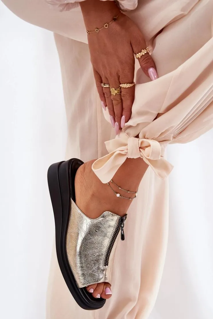 Hot Boto Klapki Damskie Na Koturnie Z Zamkiem Złote Irriva Złoty