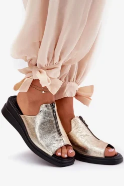 Hot Boto Klapki Damskie Na Koturnie Z Zamkiem Złote Irriva Złoty