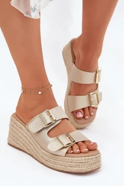 Boto Klapki Na Koturnie|Klapki Na Platformie*Klapki Damskie Na Koturnie Z Plecionką I Klamrami Złote Pasinea Złoty