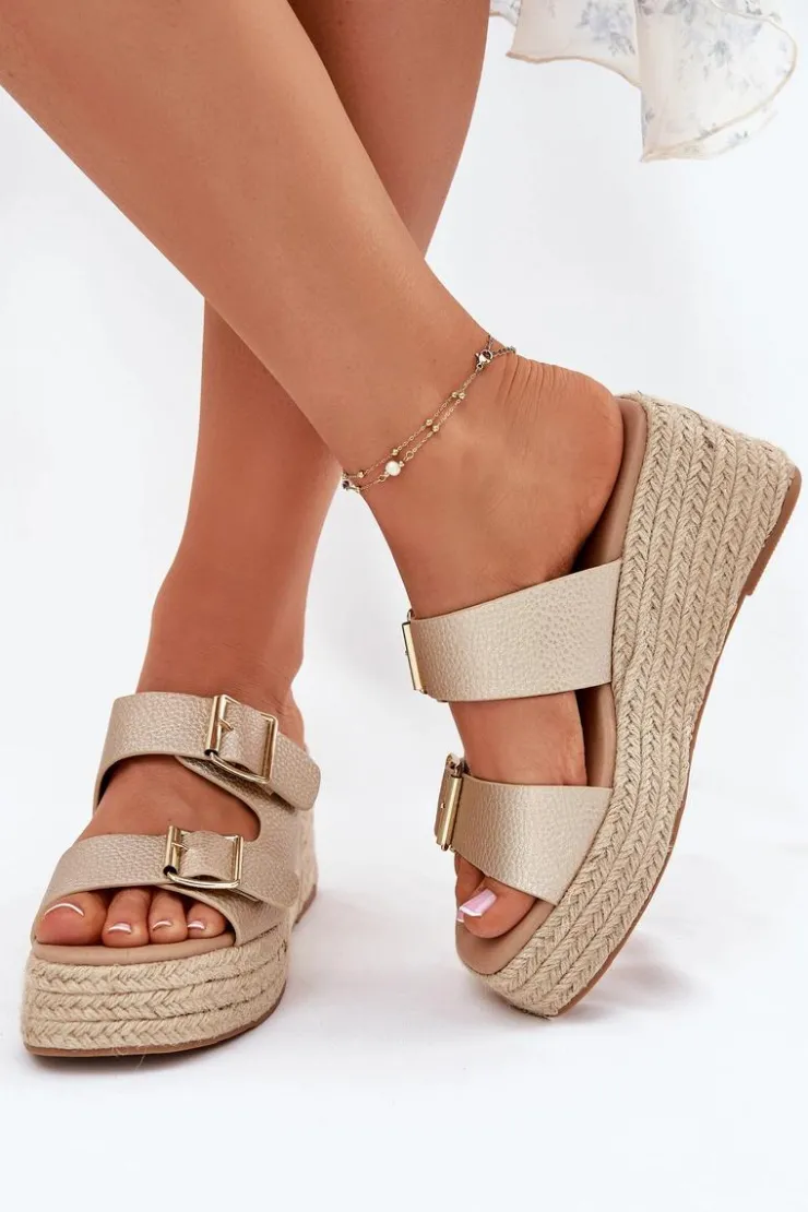 Boto Klapki Na Koturnie|Klapki Na Platformie*Klapki Damskie Na Koturnie Z Plecionką I Klamrami Złote Pasinea Złoty