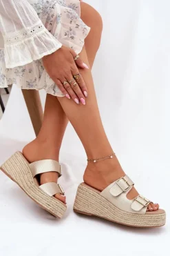 Boto Klapki Na Koturnie|Klapki Na Platformie*Klapki Damskie Na Koturnie Z Plecionką I Klamrami Złote Pasinea Złoty