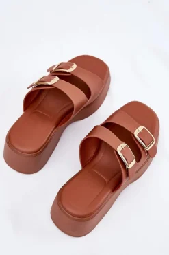 Hot Boto Klapki Damskie Na Koturnie I Platformie Z Klamrami Camel Nitarelia Brązowy