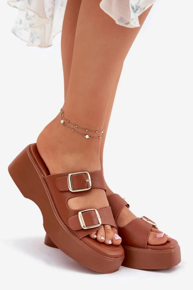 Hot Boto Klapki Damskie Na Koturnie I Platformie Z Klamrami Camel Nitarelia Brązowy