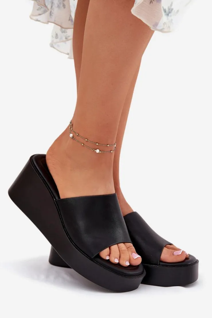 Boto Klapki Na Koturnie|Klapki Na Platformie*Klapki Damskie Na Koturnie Eko Skórzane Czarne Obenae