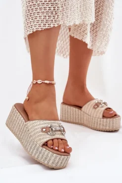 Damskie Boto Klapki Damskie Na Koturnie Z Plecionką I Ozdobą Beżowe Isolene