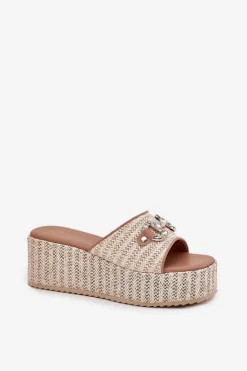 Damskie Boto Klapki Damskie Na Koturnie Z Plecionką I Ozdobą Beżowe Isolene