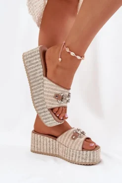 Damskie Boto Klapki Damskie Na Koturnie Z Plecionką I Ozdobą Beżowe Isolene