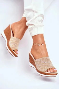 Damskie Buty Sergio Leone Klapki Damskie Na Koturnie Sergio Leone Beżowe SK320