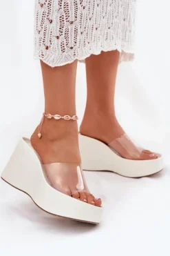 Best Boto Klapki Damskie Na Koturnie Z Transparentnym Paskiem Białe Zolretia