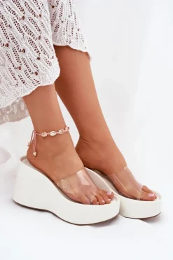 Best Boto Klapki Damskie Na Koturnie Z Transparentnym Paskiem Białe Zolretia