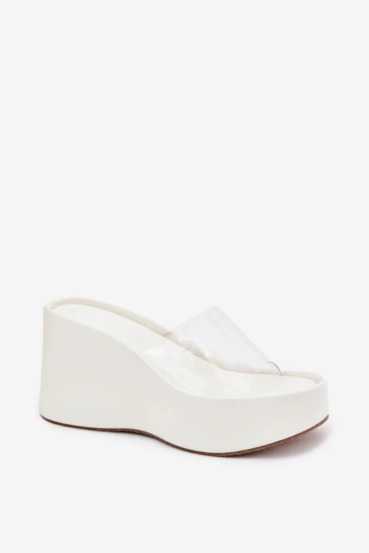 Best Boto Klapki Damskie Na Koturnie Z Transparentnym Paskiem Białe Zolretia