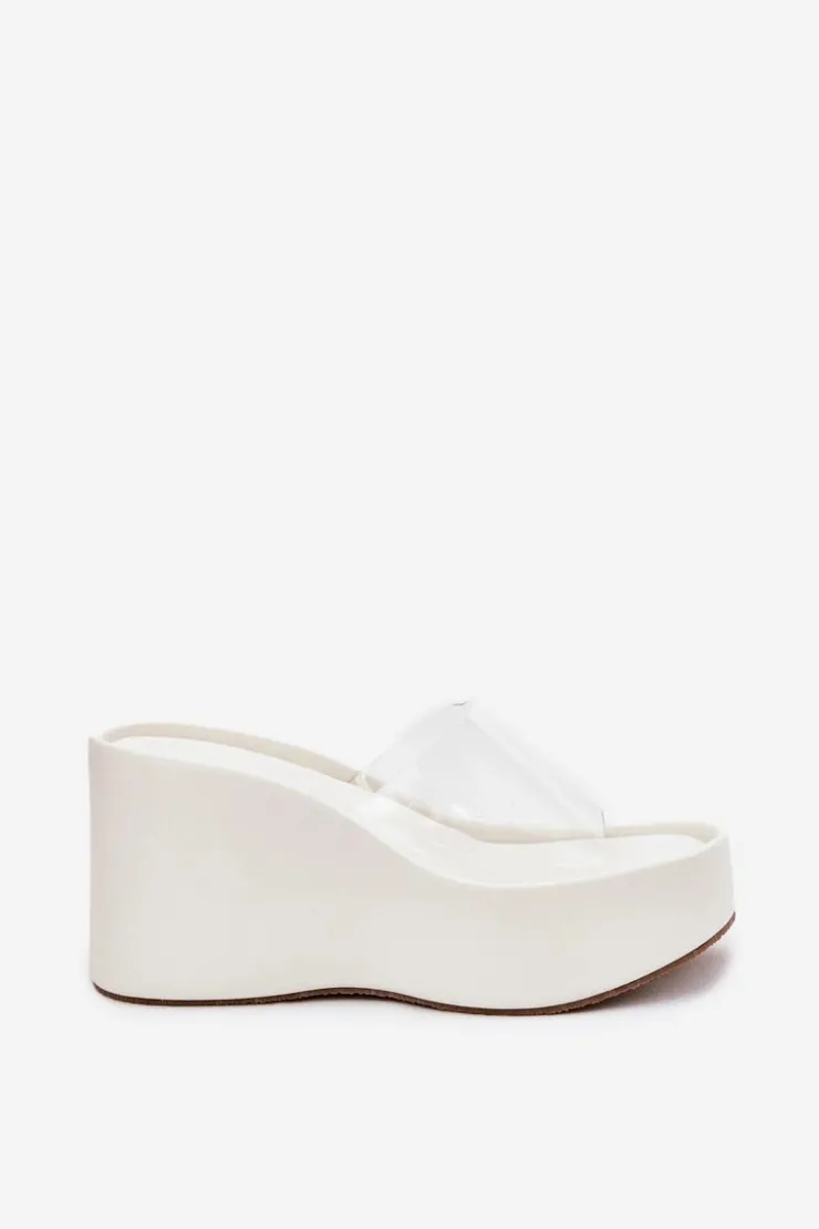 Best Boto Klapki Damskie Na Koturnie Z Transparentnym Paskiem Białe Zolretia