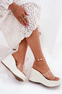 Best Boto Klapki Damskie Na Koturnie Z Transparentnym Paskiem Białe Zolretia