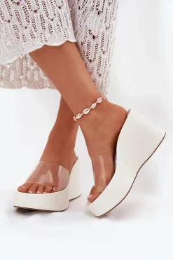 Best Boto Klapki Damskie Na Koturnie Z Transparentnym Paskiem Białe Zolretia