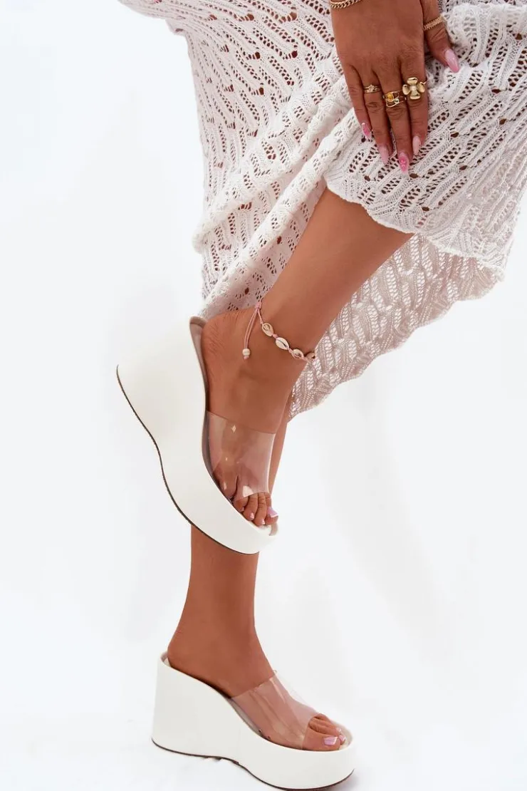 Best Boto Klapki Damskie Na Koturnie Z Transparentnym Paskiem Białe Zolretia