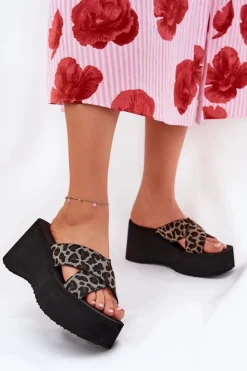 Damskie Boto Klapki Damskie Na Koturnie I Platformie Panterka Czarne Sevolee