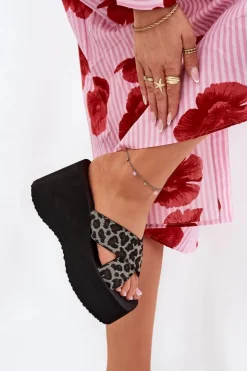 Damskie Boto Klapki Damskie Na Koturnie I Platformie Panterka Czarne Sevolee