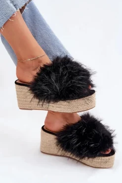 Damskie Boto Klapki Damskie Na Koturnie Z Futerkiem I Plecionką Czarne Virela